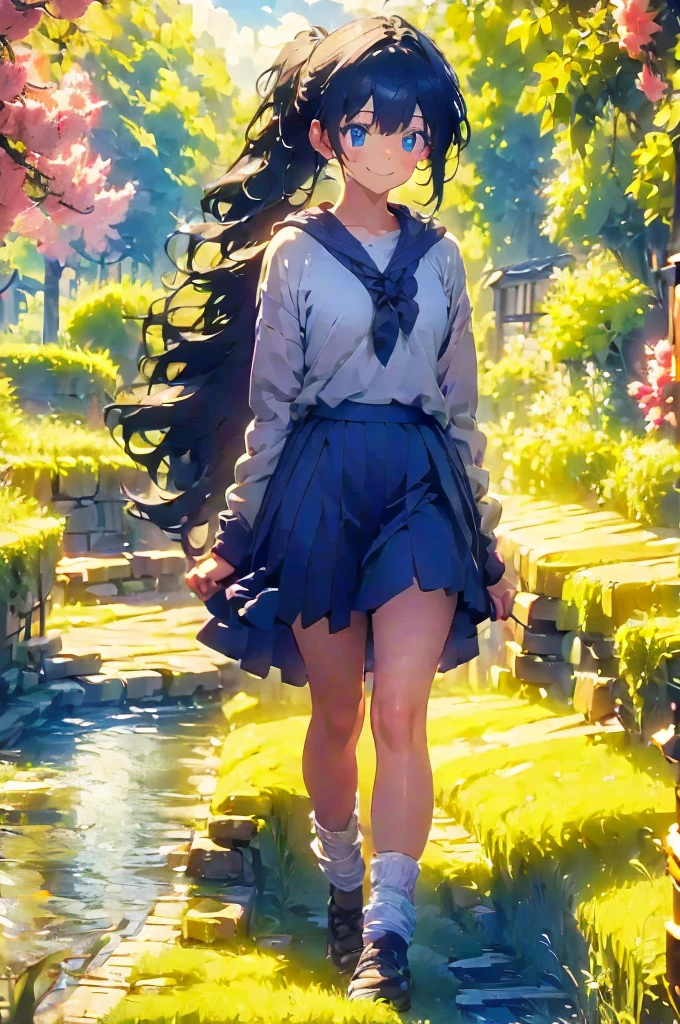 (masterpiece), (high resolution 8K), professional illustration, 1 girl, late teenage, walking, turn around, arched back, full body, dutch angle, bird's eye view, hoody, mini-skirt, , blue hair, smile, looking away, japanese rural landscape, rice paddies, gravel road, night, high contrast, professional lighting, stunning face, symmetrical clear eyes, detailed eyes and face,ponytail