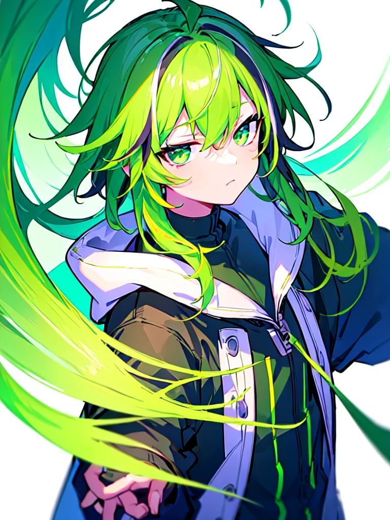 [(WHITE BACKGROUND:1.5),::5], ((((masterpiece)))), high quality, ultra very high resolution, full color, (((solo))), ((**********)), Purple hair, ((Green streaked hair)), (Green eyes), anime, ((upper body)), neon light, black parka, 