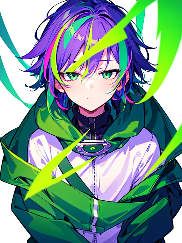 [(WHITE BACKGROUND:1.5),::5], ((((masterpiece)))), high quality, ultra very high resolution, full color, (((solo))), ((**********)), Purple hair, ((Green streaked hair)), (Green eyes), anime, ((upper body)), neon light, black parka, 