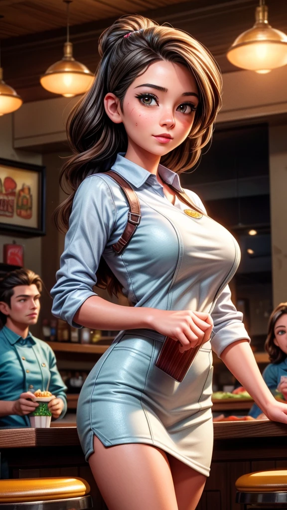 a beautiful female fast food restaurant worker, taking orders from crowded customers, detailed face and eyes, beautiful detailed lips, extremely detailed facial features, intricate restaurant interior, warm lighting, vibrant colors, high quality, photorealistic, cinematic, masterpiece