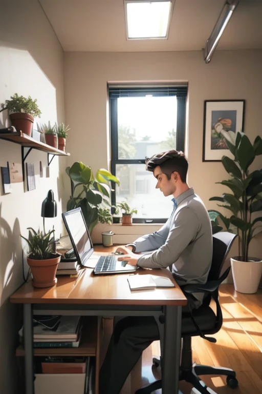 A person sitting at a desk, working on a laptop. The desk has a cup of coffee, some books, and a potted plant. The background is a cozy home office with warm lighting.