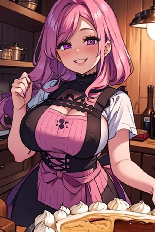 Perfect face. Perfect hands. A pink haired woman with violet eyes with an hourglass figure in a Gothic apron and crop top and shorts is making a cake in a Gothic kitchen with a big smile