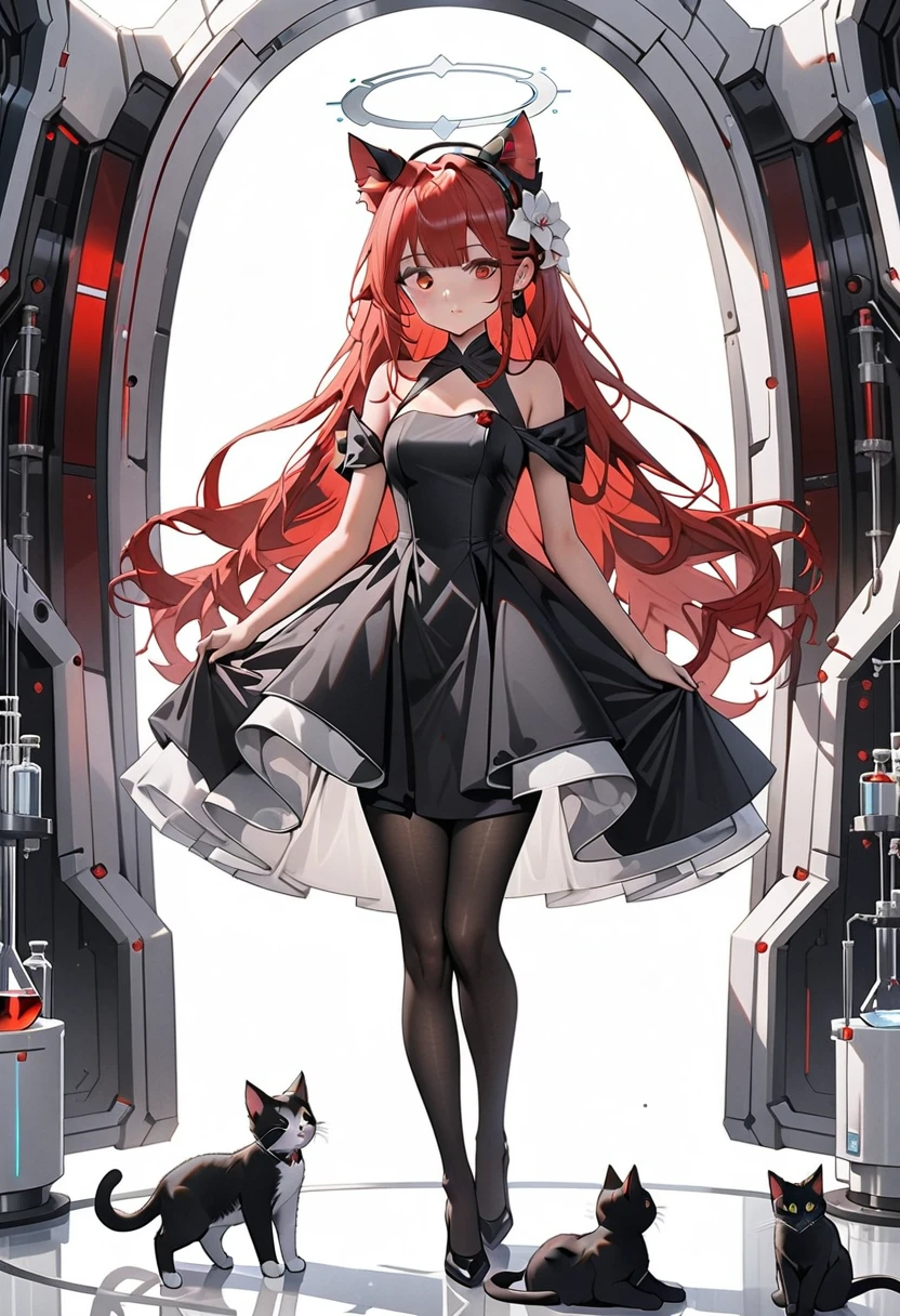 masterpiece, highest quality, highest resolution, clear_image, detailed details, red hair, long hair, cat ears, 1 girl, red eyes, imperial bridesmaid dress, black pantyhose, gray futuristic halo, beautiful, full body, no water marks, laboratory, no extra limps, no extra body