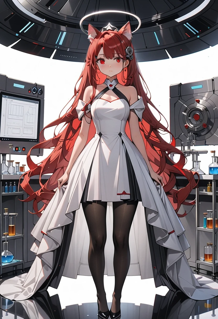 masterpiece, highest quality, highest resolution, clear_image, detailed details, red hair, long hair, cat ears, 1 girl, red eyes, imperial bridesmaid dress, black pantyhose, gray futuristic halo, beautiful, full body, no water marks, laboratory, no extra limps, no extra body