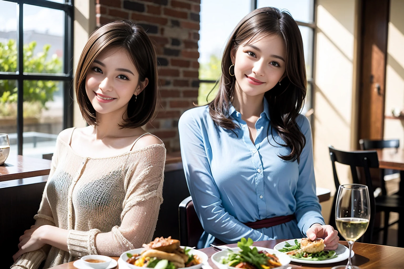 ((Highest quality、8K、masterpiece:1.3))、cute、slimカップル、modelカップル、actress男優、(Realistic, Intricate details:1.2), full-course dinner、Wine Party、Amazing view of the sunset sky and clouds、A bright smile、short hair,Bright Face、 (Age 45), 42 years old, red wine 、Appetizers、Italian food、Wine bottle、Champagne、sparkling wine、Two beauties、Brown Hair、Shortcuts、Long sleeve shirt、dress、Beautiful woman 1, (slimな顔), (The body is slim), (Brown Hair), (Shortcuts), cheeks turn a little red,Attractive beauty、restaurant, In a prominent place (From the waist up) Nova Frog Style, actress, model, Upper Body, White wine, slim, wine glass, 中央に置かれたwine glass, smile, (smile: 1.15), Beautiful fine grain, Depth f/2,saturation, High Contrast, Strong light and shadow,Moist Body:1.5、3D texture、Delicate eyes、Brown Hair、The hair is very shiny、