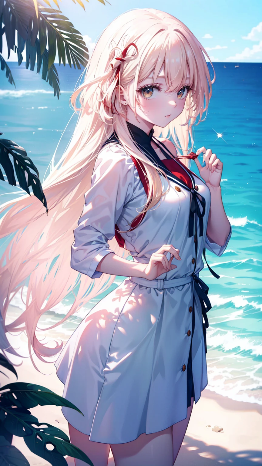 They haven&#39;t even toned it down,((13 years old)), Nishikigi chisato,Long Hair , bangs, Blonde, (Red eyes:1.5), Hair Ribbon, One side up,smile,blush,Open your mouth,Big straw hat,Off-the-shoulder dress,Long skirt,Bare neck,Bare shoulders,bare clavicle,Grab the skirt with both hands and lift it up,barefoot,Beachの砂浜を散歩しながら,blonde hair swaying in the wind, True Summer,Light of the sun,
break outdoors,Beach ,
break looking at viewer, (Long Straight Hair:1.5),
break (masterpiece:1.2), Highest quality, High resolution, unity 8k wallpaper, (shape:0.8), (Fine and beautiful eyes:1.6), Highly detailed face, Perfect lighting, Highly detailed CG, (Perfect hands, Perfect Anatomy),