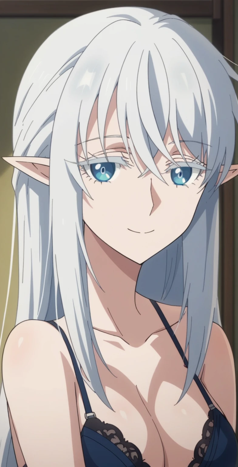 schnee raizer, long hair, 1girl, pointy ears, white hair, elf, solo, hair between eyes, blue eyes, large breasts, black bra, black lace panties, black garterbelt with stocking,smile, looking at viewer, upper body, score_9, score_8_up, score_7_up, , anime coloring ,BREAK source_anime, anime
