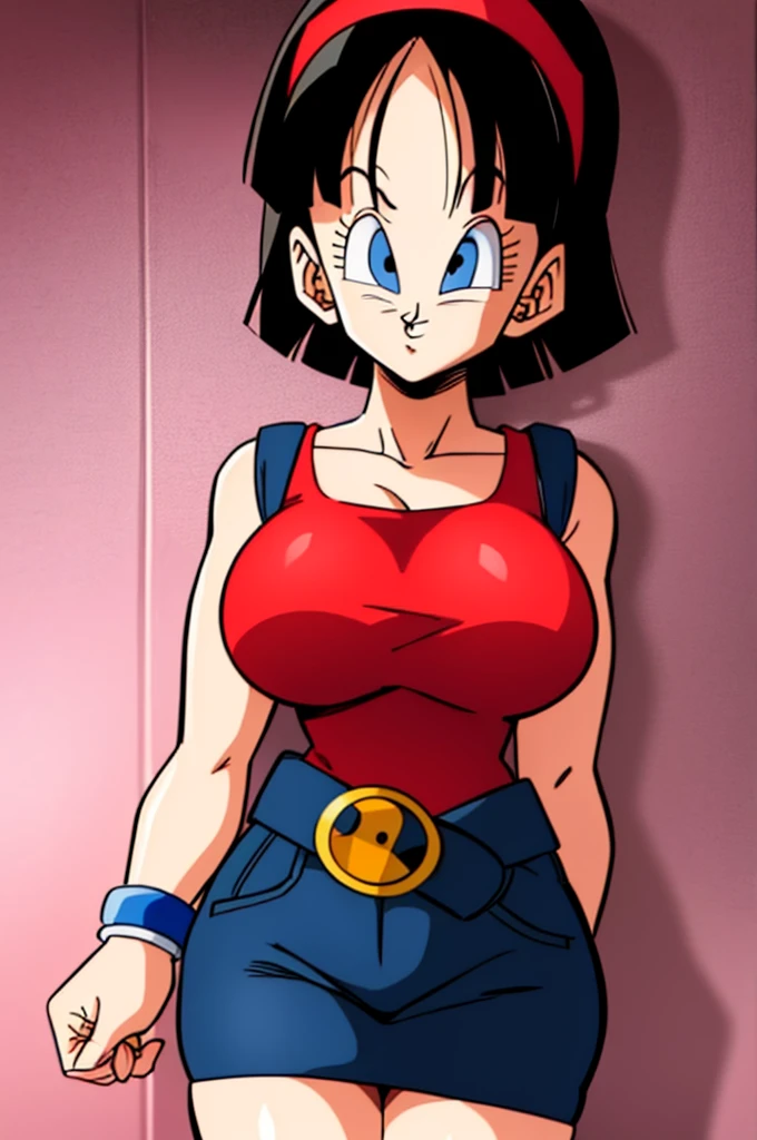 ultra detailed, masterpiece, best quality, solo, soft smile, light smile, Videl, Dragon Ball,
hairband, short hair, red hairband, bangs, sleeveless, dress, jewelry, belt, red dress, braceletblue eyes, colored eyelashes, eyelashes, black hair, , big breast, big ass, white shirt,  confused face expresion, sin imperfecciones, dibujo perfecto,