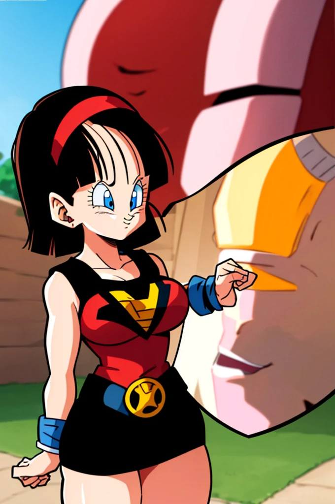 ultra detailed, masterpiece, best quality, solo, soft smile, light smile, Videl, Dragon Ball,
hairband, short hair, red hairband, bangs, sleeveless, dress, jewelry, belt, red dress, braceletblue eyes, colored eyelashes, eyelashes, black hair, , big breast, big ass, white shirt,  confused face expresion, sin imperfecciones, dibujo perfecto,