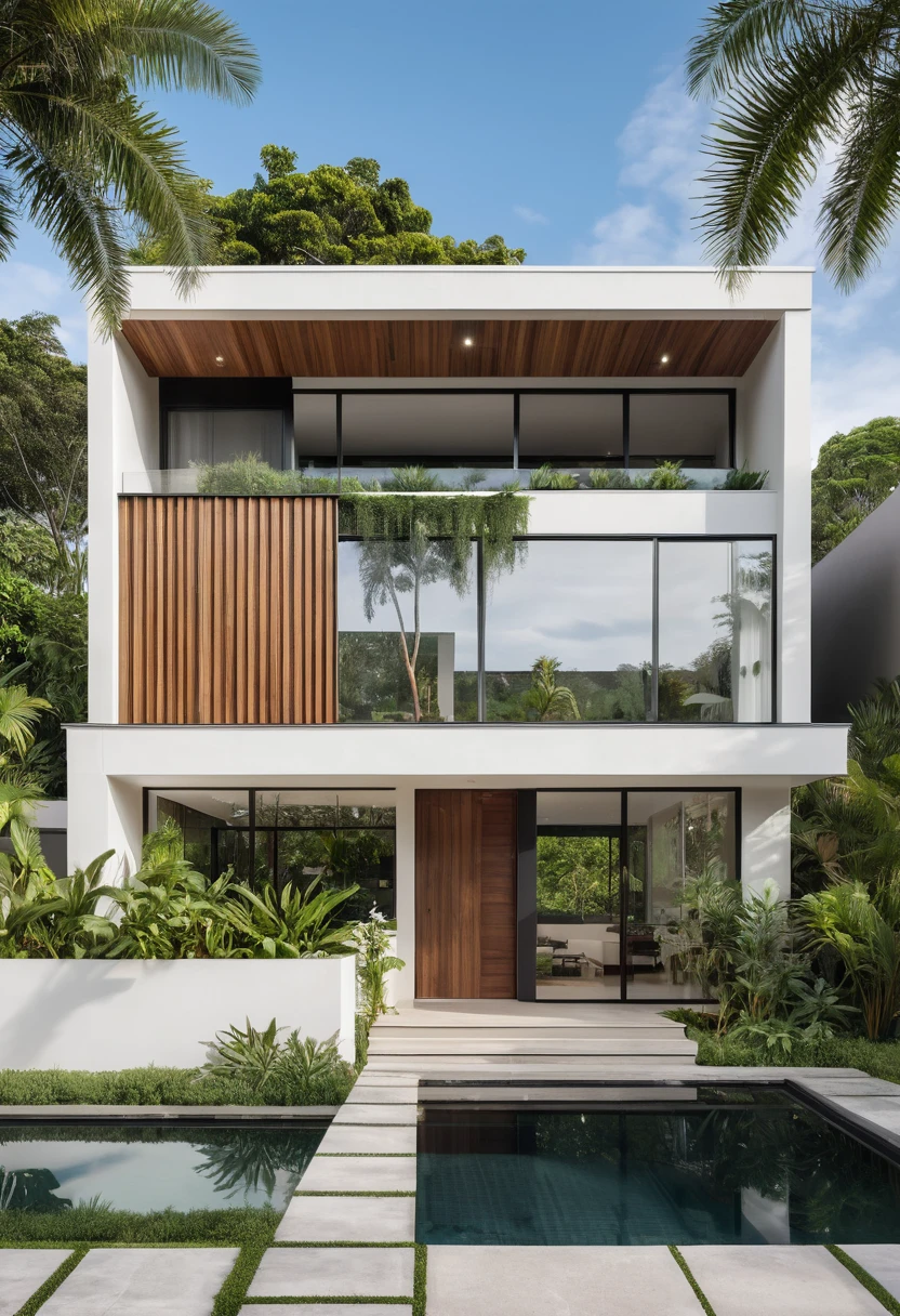 A hyper-realistic image of a modern house with a minimalist design, featuring a combination of wood and white materials. The house has a flat roof, large glass windows, and a balcony with a glass railing. The entrance is flanked by lush greenery and palm trees. There is a wooden gate in front and the garden includes various tropical plants. The overall ambiance is serene and contemporary, with detailed textures and realistic lighting, shadows, and reflections. The colors are vibrant and true to life, showcasing the natural beauty of the materials and the surrounding environment.