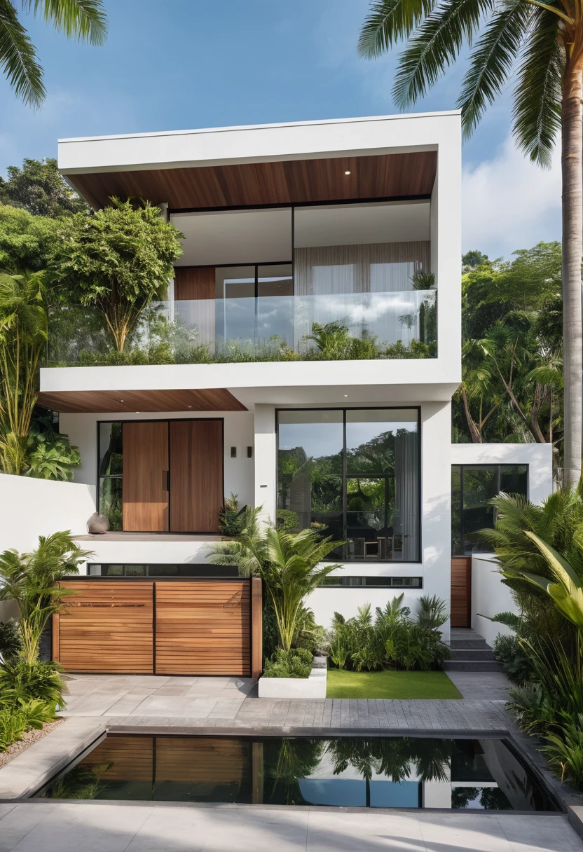 A hyper-realistic image of a modern house with a minimalist design, featuring a combination of wood and white materials. The house has a flat roof, large glass windows, and a balcony with a glass railing. The entrance is flanked by lush greenery and palm trees. There is a wooden gate in front and the garden includes various tropical plants. The overall ambiance is serene and contemporary, with detailed textures and realistic lighting, shadows, and reflections. The colors are vibrant and true to life, showcasing the natural beauty of the materials and the surrounding environment.