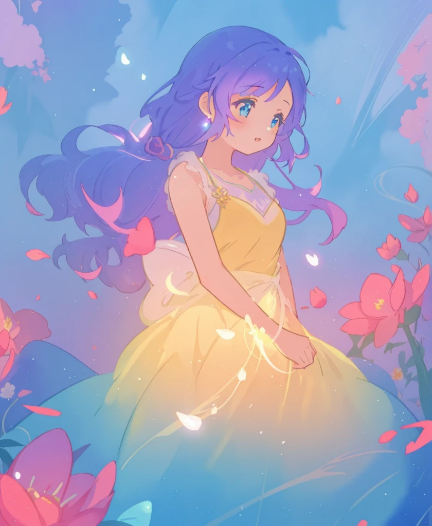 beautiful girl in yellow mint gradient flowing dress, blue eyes,short  blue purple hair, colorful fantasia background, watercolor illustration, disney art style, glowing aura around her, glowing lights, beautiful digital illustration, fantasia otherworldly landscape plants flowers, beautiful, masterpiece, best quality, anime disney style