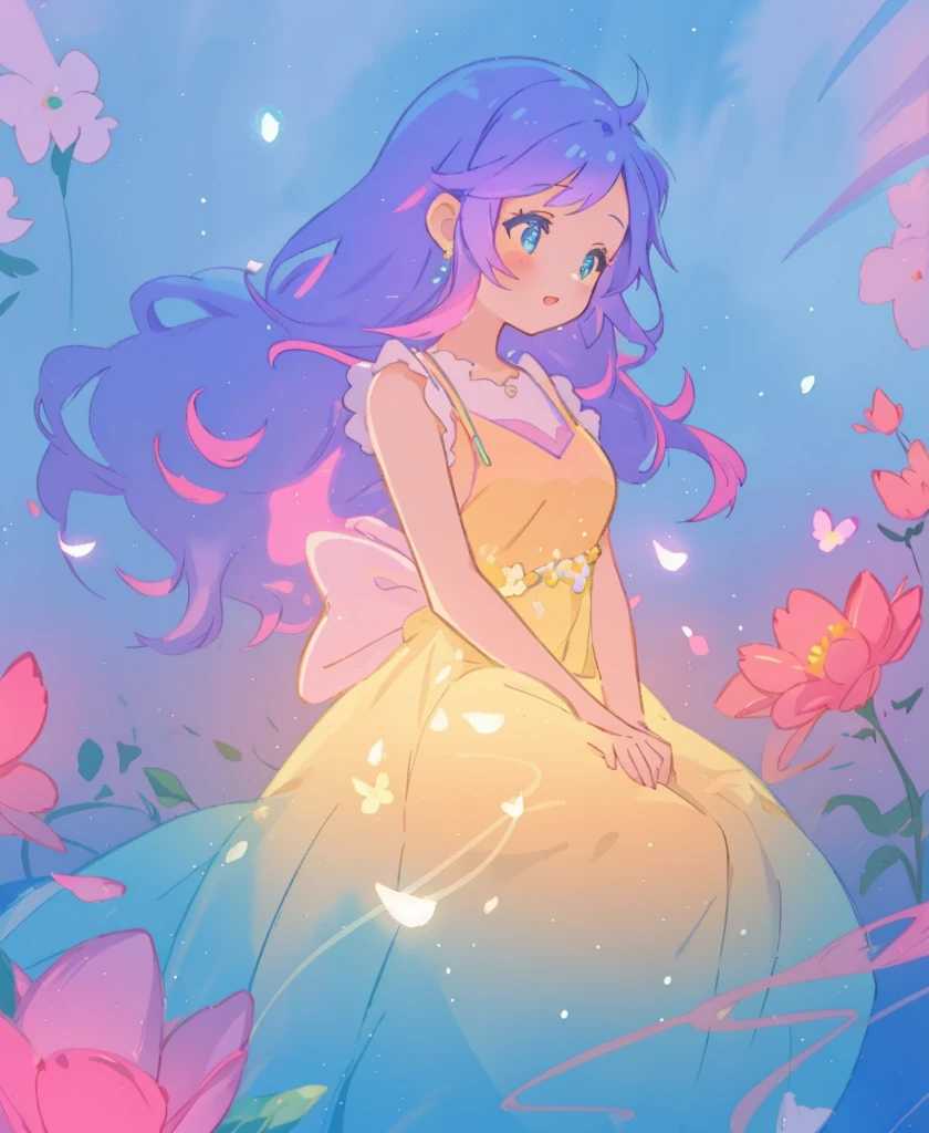 beautiful girl in yellow mint gradient flowing dress, blue eyes,short blue purple hair, colorful fantasia background, watercolor illustration, disney art style, glowing aura around her, glowing lights, beautiful digital illustration, fantasia otherworldly landscape plants flowers, beautiful, masterpiece, best quality, anime disney style