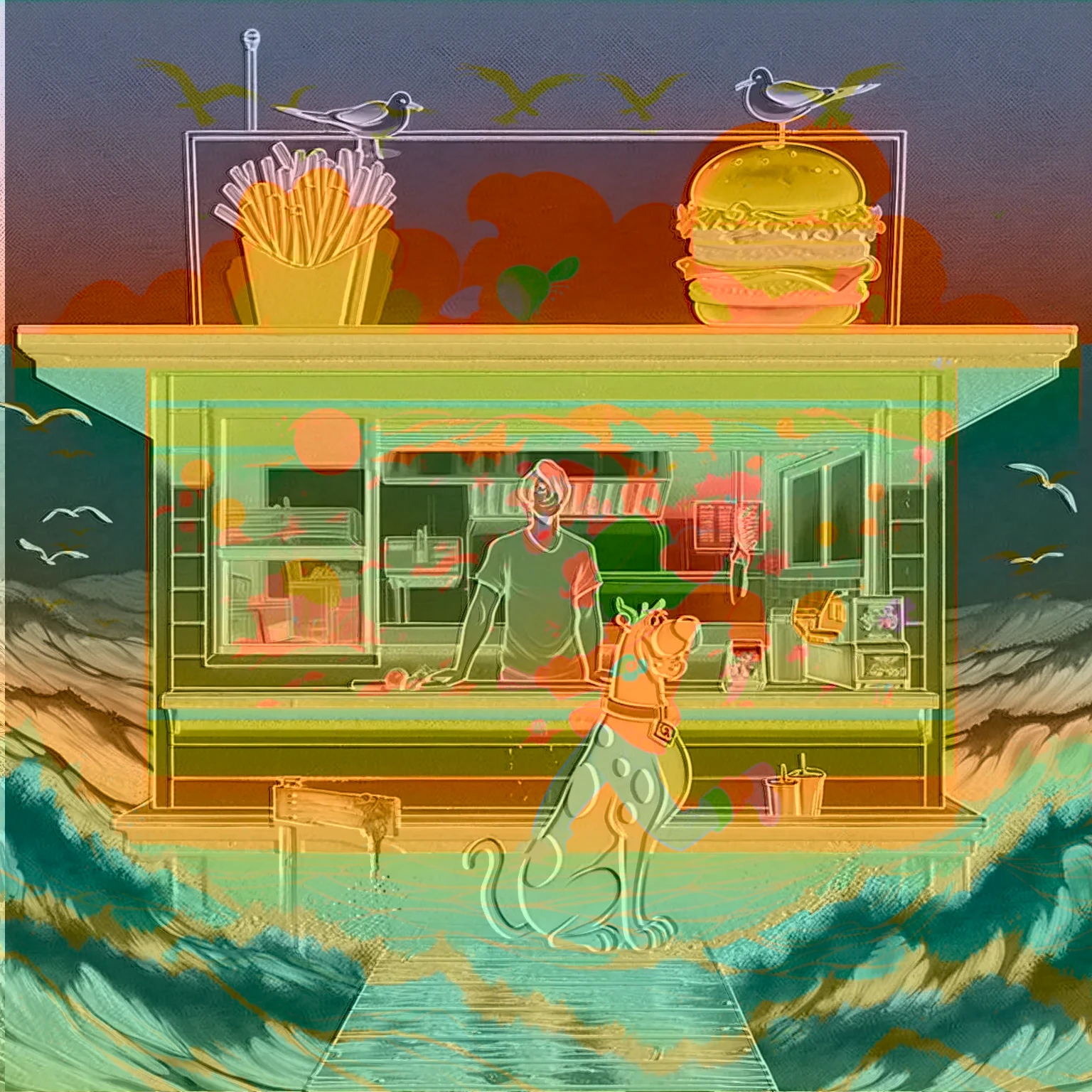 no light source, overwhelming darkness, maximal abyss, Sunset, dim glow, neon, dazzling, warm dark rich coloring, Scooby Doo distinct to original cartoon, ocean front fast food shack, operated by Scooby Doo and Shaggy, waves, sea breeze, seagulls, The scene is minimal, serene, perfect, strange, candid, cinematic, surreal, and timeless. The hamburger grill is lost in space, standing against a blank canvas. The style is a mix of realism and cartoon, with 90s comic aesthetics, expressive ink work, cinematic compositions, and nuanced details. The style is reminiscent of Joelle Jones and 90's scooby doo animated tv show, shaggy wearing tropical green sweater, scooby doo distinct art style,
