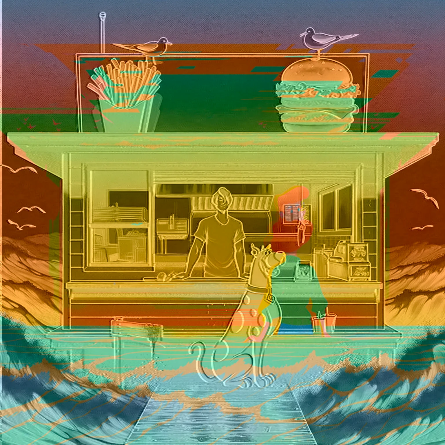 no light source, overwhelming darkness, maximal abyss, Sunset, dim glow, neon, dazzling, warm dark rich coloring, Scooby Doo distinct to original cartoon, ocean front fast food shack, operated by Scooby Doo and Shaggy, waves, sea breeze, seagulls, The scene is minimal, serene, perfect, strange, candid, cinematic, surreal, and timeless. The hamburger grill is lost in space, standing against a blank canvas. The style is a mix of realism and cartoon, with 90s comic aesthetics, expressive ink work, cinematic compositions, and nuanced details. The style is reminiscent of Joelle Jones and 90's scooby doo animated tv show, shaggy wearing tropical green sweater, scooby doo distinct art style,