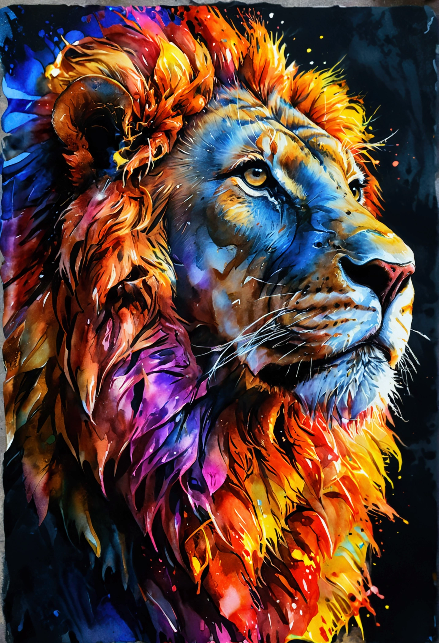 High quality, logo style, watercolor, with 3D effect, as if puff printing. Powerful logo with strong, dark colors, of a Lion. Monochromatic background, by yukisakura, incredible and original colors of the species.