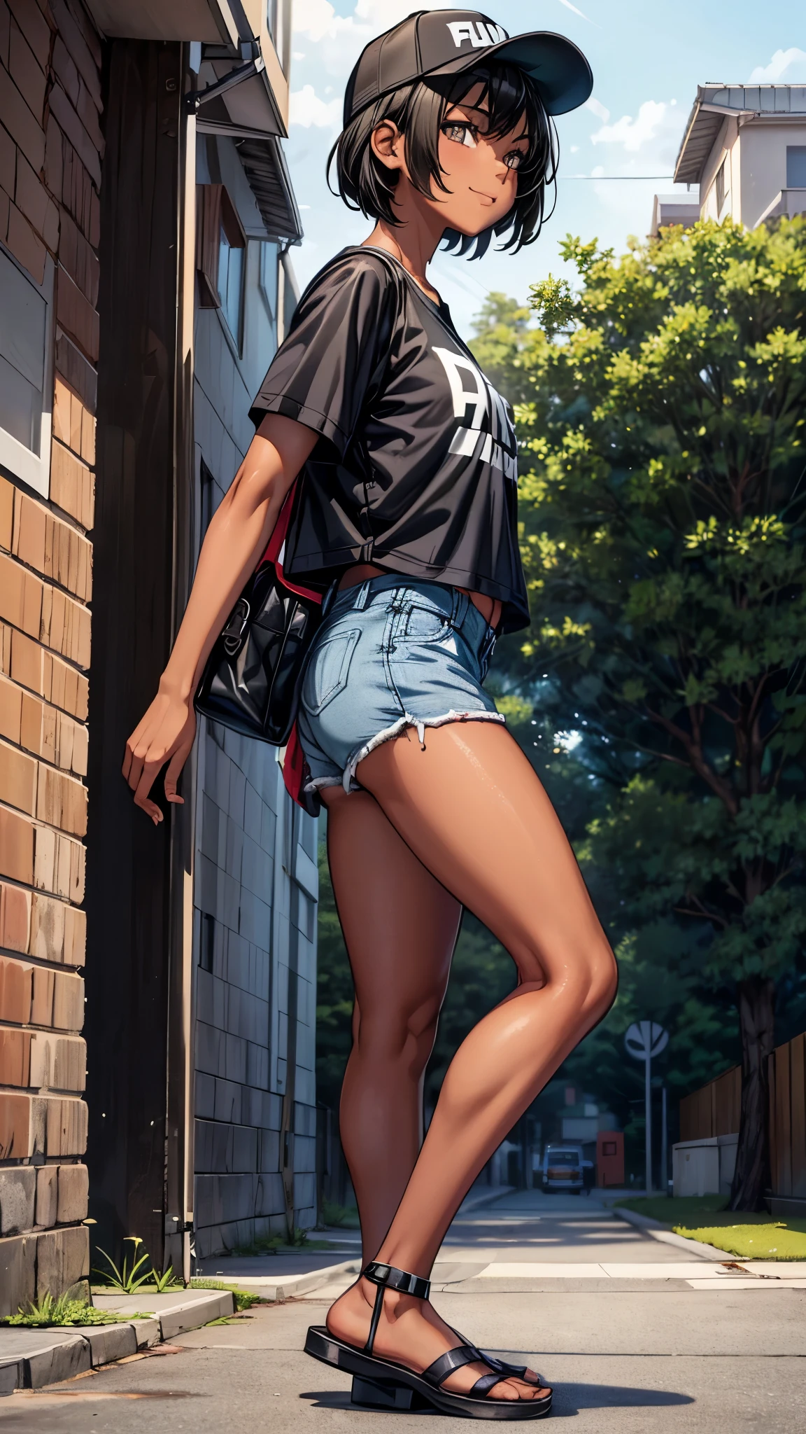((Look away2.0,from side)),outside the street,((full body1.8)),One 16 years old girl,(dark skin color),short black hair,seductive smile,baseball cap,shirts,short sleeve,shorts,sandals.