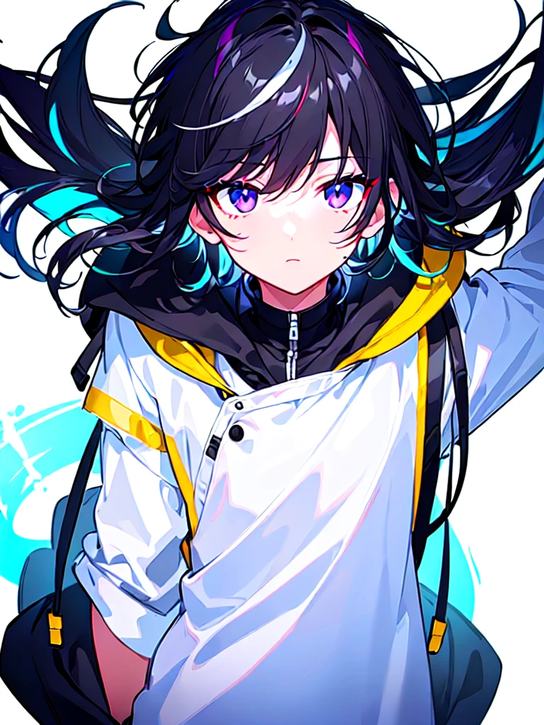 [(WHITE BACKGROUND:1.5),::5], ((((masterpiece)))), high quality, ultra very high resolution, full color, (((solo))), (()), Black hair, ((White streaked hair)), (Black eyes), anime, ((upper body)), neon light, black parka, 