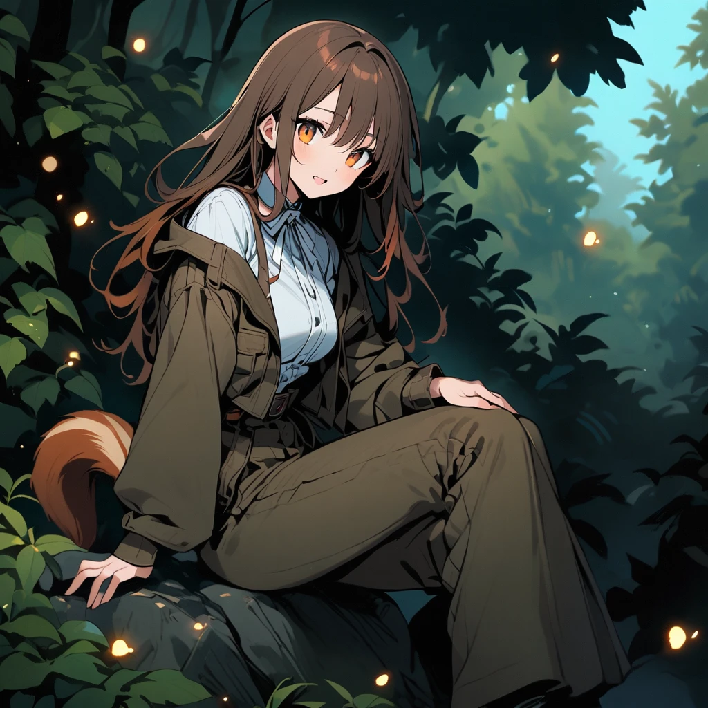 (good job:1 woman, squirrel ears and tail, hair down to the middle of the back, orange with white tips, A small ponytail to hold your hair in place., He wears a white ribbon in his hair., honey colored eyes, wear a brown jumpsuit, white shirt underneath, pants brown. sitting on a rock in the forest