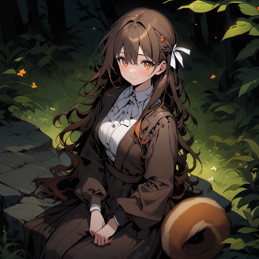 (good job:1 woman, squirrel ears and tail, hair down to the middle of the back, orange with white tips, A small ponytail to hold your hair in place., He wears a white ribbon in his hair., honey colored eyes, wear a brown jumpsuit, white shirt underneath, pants brown. sitting on a rock in the forest