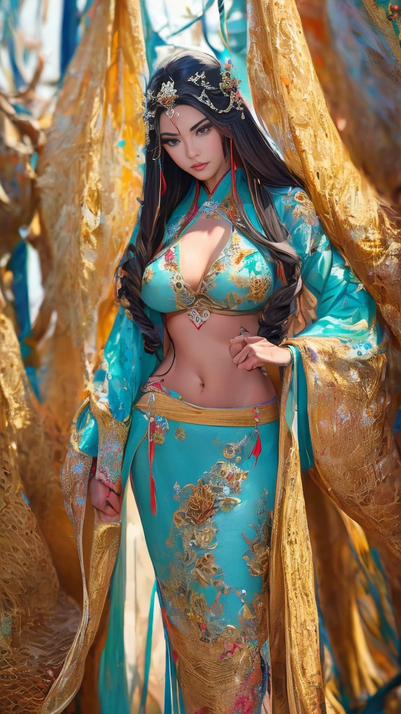 Official Art, Unified 36K Wallpapers, Ultra Detailed, Beautiful and Aesthetic, Masterpiece, Best Quality, (Zentangle, Tangle, Entangle), (fractal art: 1.4), (character center: 1.3), 1woman, brunette hair, Latina Adult model Daisy Marie, off-the-shoulders, short short skirt, calf, navel, very detailed, dynamic angle, cowboyshot, (most beautiful form of chaos), ethereal, (bright colors), oc, (half: 1.2), china, (thangka flying sky: 1.5), (ribbon: 1.3), (dream: 1.5), (Curtain hanfu: 1.5), Chinese dragon, Chinese phoenix, (smile: 0.5), ( Chinese deities),
