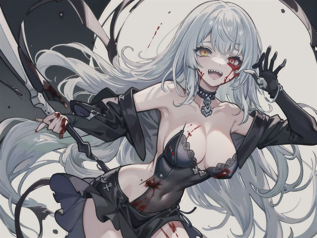 (8K, RAW Photos, Highest quality, masterpiece:1.2),(Realistic, photo-Realistic),Multiple girls,Frolicking Girl,Multiple women,Tea party,Crazy Smile,Face Up,Face Shot,Scythe Face,Girl Monster, slave,beautiful, Detailed portrait, Delicate facial features, Sharp Eye, Sharp Fangs, Pale skin, Thick Chain, Dark Background, Cinema Lighting, Dramatic Shadows, Gothic style, Gloomy atmosphere, Dark fantasy, One girl, , Open your mouth wide, Open your mouth and baring your teeth,Sharp teeth like a beast, Wide lips, very wide mouth, Vermilion cheeks, ,(Blood splatter:1.6),Scary face, Laughter　Witch design, Twisted smile、Bloodstained、bleeding from the head,、Blood splatter、,(Blood splatter:1.6),Crossbones, skull,　, Horror Style, ((Fantasy Witch Costume)), ((Flowing white hair)), ,(Blood splatter:1.6),Female curves, Large Breasts, Thick thighs, Sexy flat stomach, Perfect hands, Perfect anime face, ((dark ta dress)), Are standing, ((Wicked Smile)), ,(Blood splatter:1.6),Victorian cities, gaslight, Steam circulates, Moonlight Illumination, night lighting, A sky filled with stars and galaxies,disaster々new devil horns,,(Blood splatter:1.6),アニメゾンビWitch design, Twisted smile、Bloodstained、bleeding from the head,、Blood splatter、,(Blood splatter:1.6),Crossbones, skull,,Photo Background,Wide Shot,Scythe Face,Girl Monster, slave,beautiful, Detailed portrait, Delicate facial features, Sharp Eye, Sharp Fangs, Pale skin, Thick Chain, Dark Background, Cinema Lighting, Dramatic Shadows, Gothic style, Gloomy atmosphere, Dark fantasy, One girl, , Open your mouth wide, Open your mouth and baring your teeth,Sharp teeth like a beast, Wide lips, very wide mouth, Vermilion cheeks, ,(Blood splatter:1.6),Scary face, Laughter　Witch design, Twisted smile、Bloodstained、bleeding from the head,、Blood splatter、,(Blood splatter:1.6),Crossbones, skull,　, Horror Style,