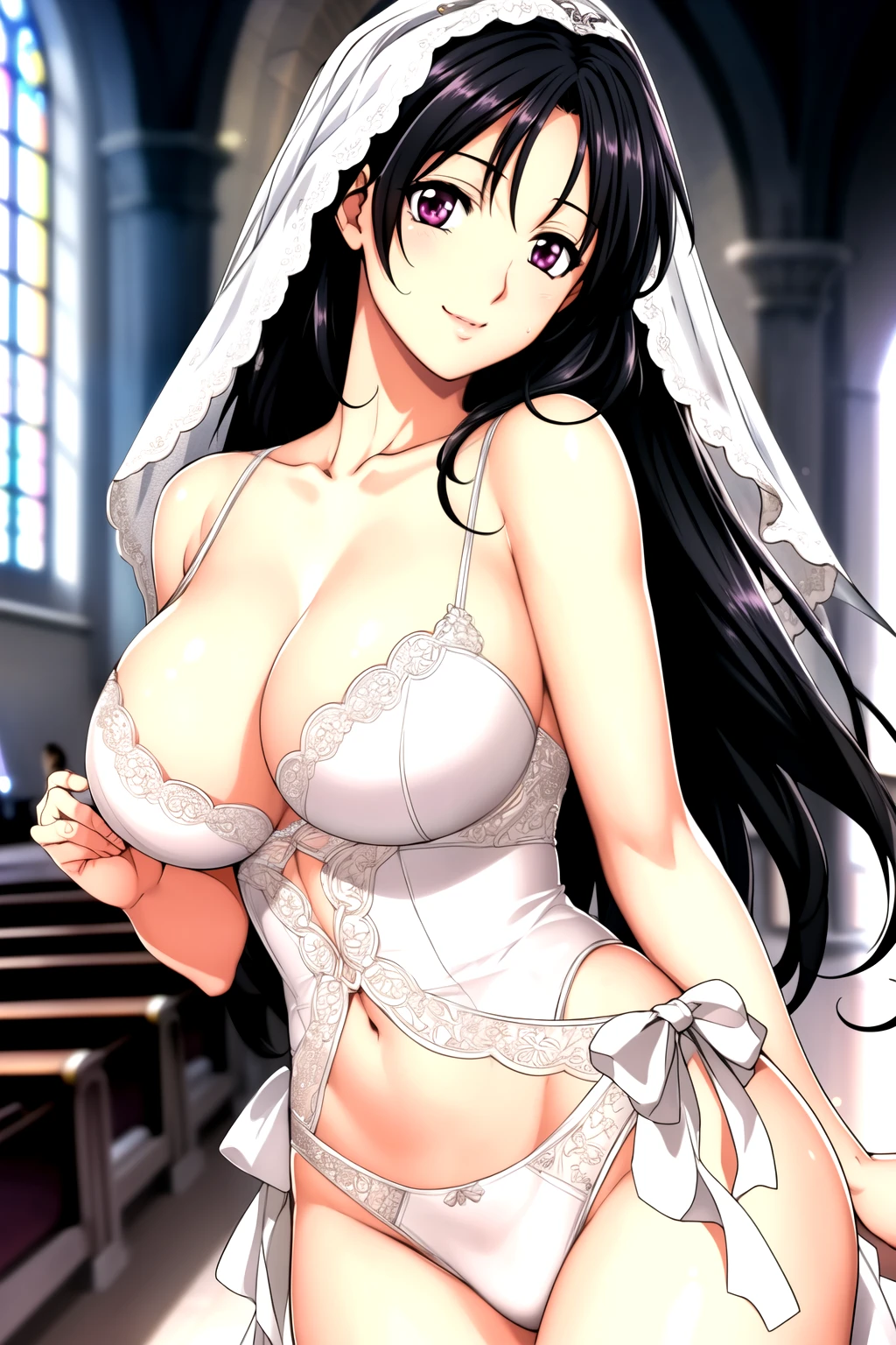 Good, underwear, church,wedding dress, bride, Good, underwear, lace,veil, Black Hair, bow, Weaving,Long hair,Purple Eyes,1 girl, 20 years old,Young women,beautiful Finger,beautiful long legs,beautiful Body,beautiful Nose,beautiful character design, Perfect eyes, perfect Face,Expressive eyes, Looking at the audience, In the center of the image,(superior_Body),(Focus on her Face), Official Art,Extremely detailed CG unity 8k wallpaper, Perfect lighting,rich and colorful, bright_front_Face_light,Glowing skin, (masterpiece:1.0),(the best_quality:1.0), 超high resolution,4K,Extremely detailed, photography, 8K, Human Development Report, high resolution, absurd:1.2, Kodak Portra 400, Film Grain, Blurred background, Bokeh:1.2, lens flare, (Energetic_color:1.2) (beautiful_breast:1.3), (beautiful_Face:1.5),(narrow_waist), smile, happy