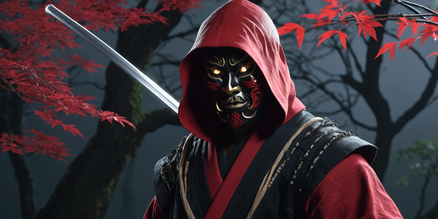 samurai with red and black hooded robes wearing oni mask make a slash move with katana, night, leafes falling around, moon shines through the tree, close up, Photo realistic, highly detailed, hyper realistic, 4k