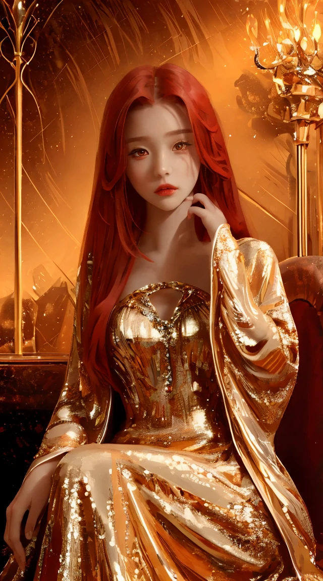 beautiful, masterpiece, best quality, extremely detailed face, perfect lighting, 1girl, solo, red hair, red eyes, detailed dress, sitting in a throne, long hair