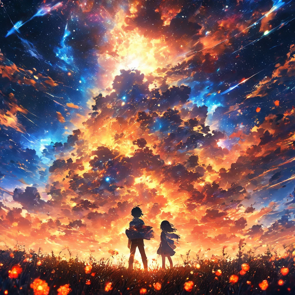 1 boy standing back to back,masterpiece,Concept art,Panorama,center,shape,Wide angle,garden,night,(meteor),Space galaxy background,(Amazing composition,Format epic tissue), Dynamic lighting, Bright colors, Blue roses, landscape black hair, solid round eyes, precise, hair color change, glowing eyes, eyeballs, sad, shadow, anaglyph, stereoscopic, tachi-e, ass pov, atmospheric perspective, anime style, chromatic aberration, cinematic lighting, reflected light, 8K , ultra detail, best quality, uhd, detail tall, leathery texture