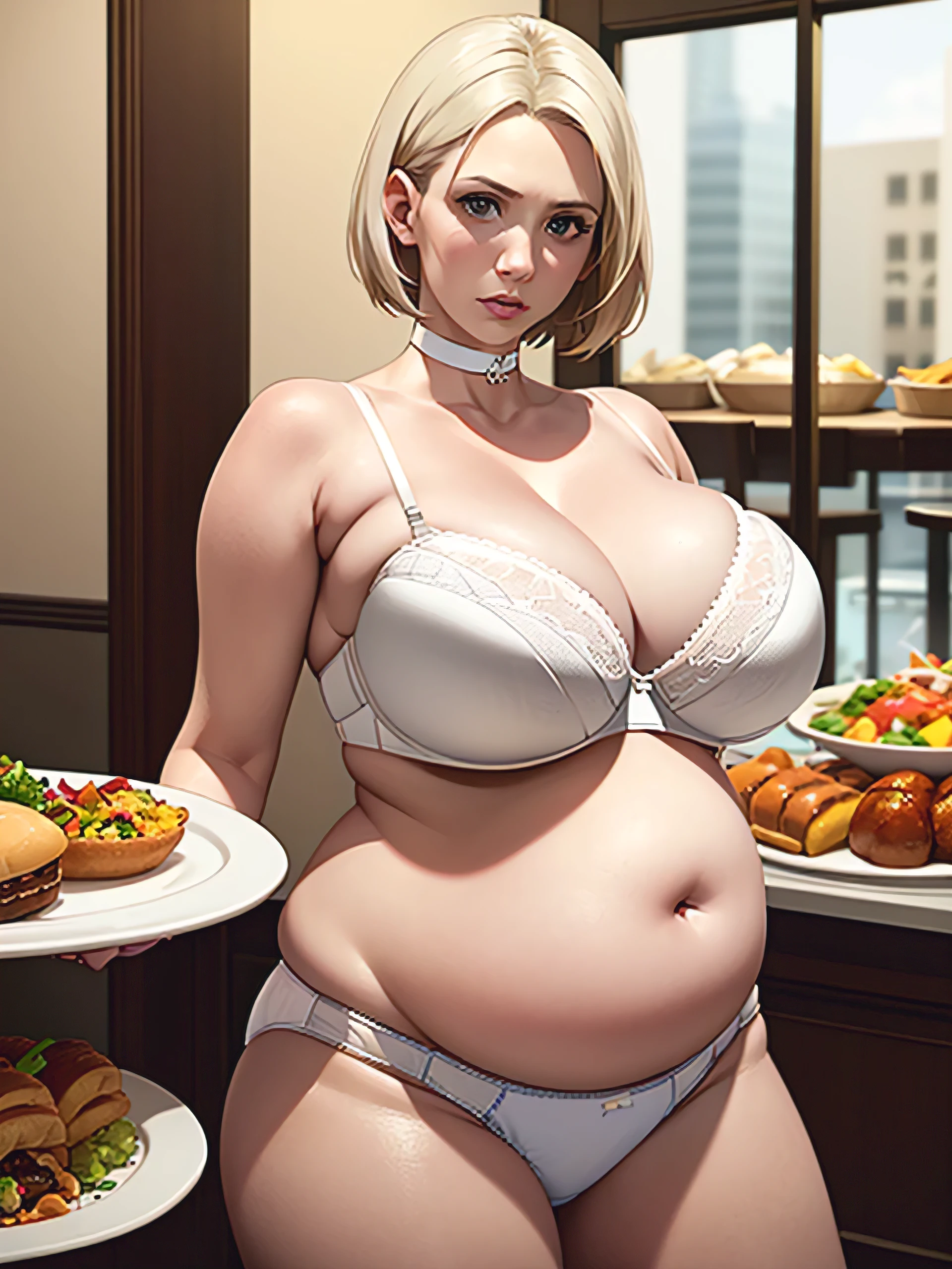 January Jones, masterpiece quality, (masterpiece quality:1.3), detailed, realistic, (realistic:1.3), at a busy restaurant, buffet table in background, lots of food in background, food everywhere, short hair, platinum hair, wearing white bra, (white bra:1.5), wearing white panties, (white panties:1.5), wearing choker collar, big breasts, (big breasts:1.3), chubby belly, (chubby belly:1.2),