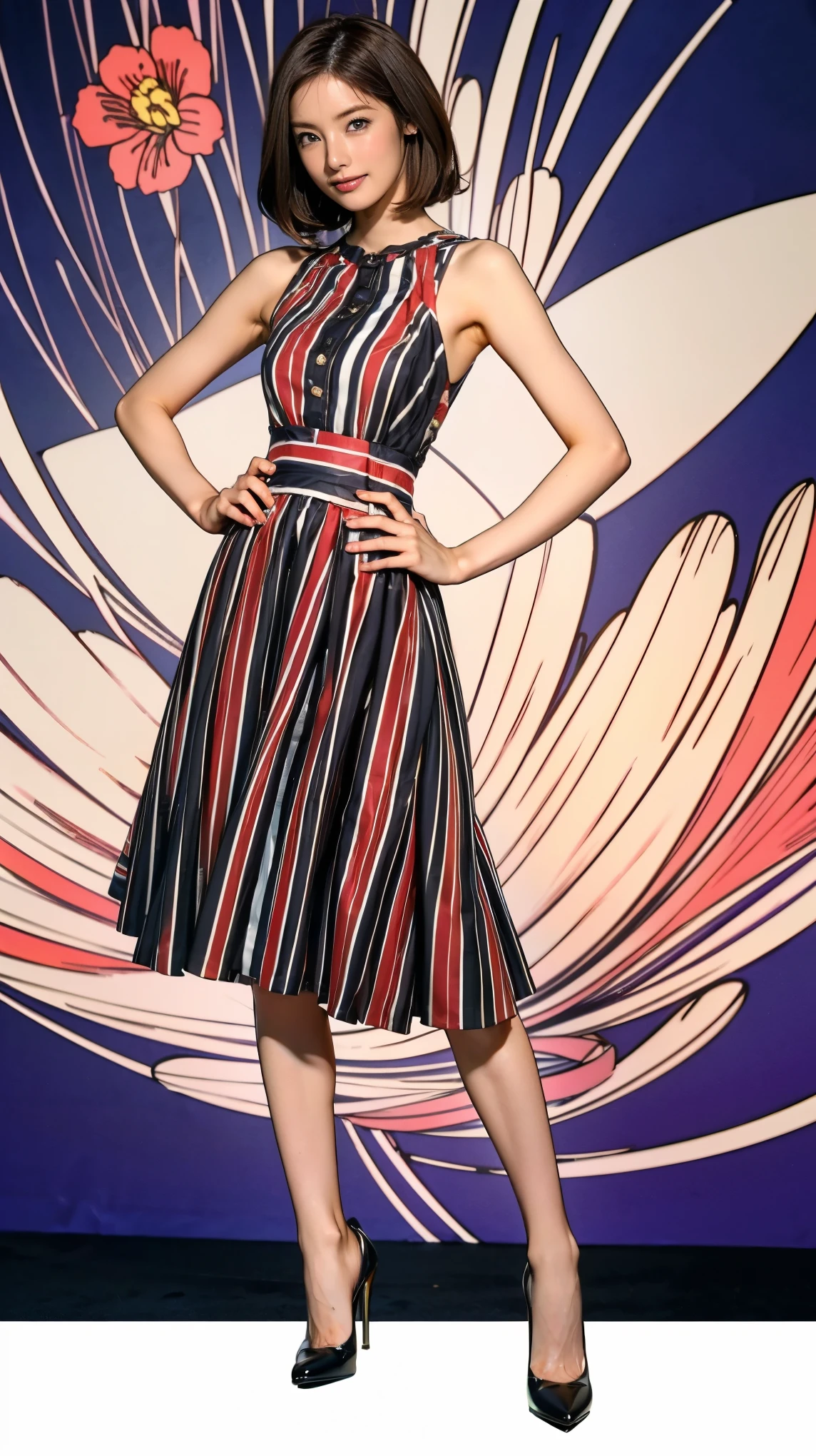 ((masterpiece)),(((Highest quality))),Thin thighs,Long legs,whole body:1.5,(One Girl:1.3),(Black high heels:1.3),(Wearing a floral striped mid-long flared skirt dress:1.2),Short blonde hair:1.2、Model pose standing with legs apart:1.5,Bright expression:1.5