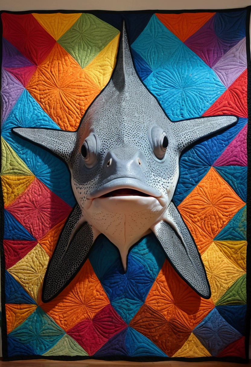 ( A fish,A STINGRAY AND SEA STARS  ),(best pose),(best angle), (best expression), Eduardo Kobra quilting ,multidimensional geometric wall PORTRAIT, until, chibi,a 08k, appealing, Coloring,