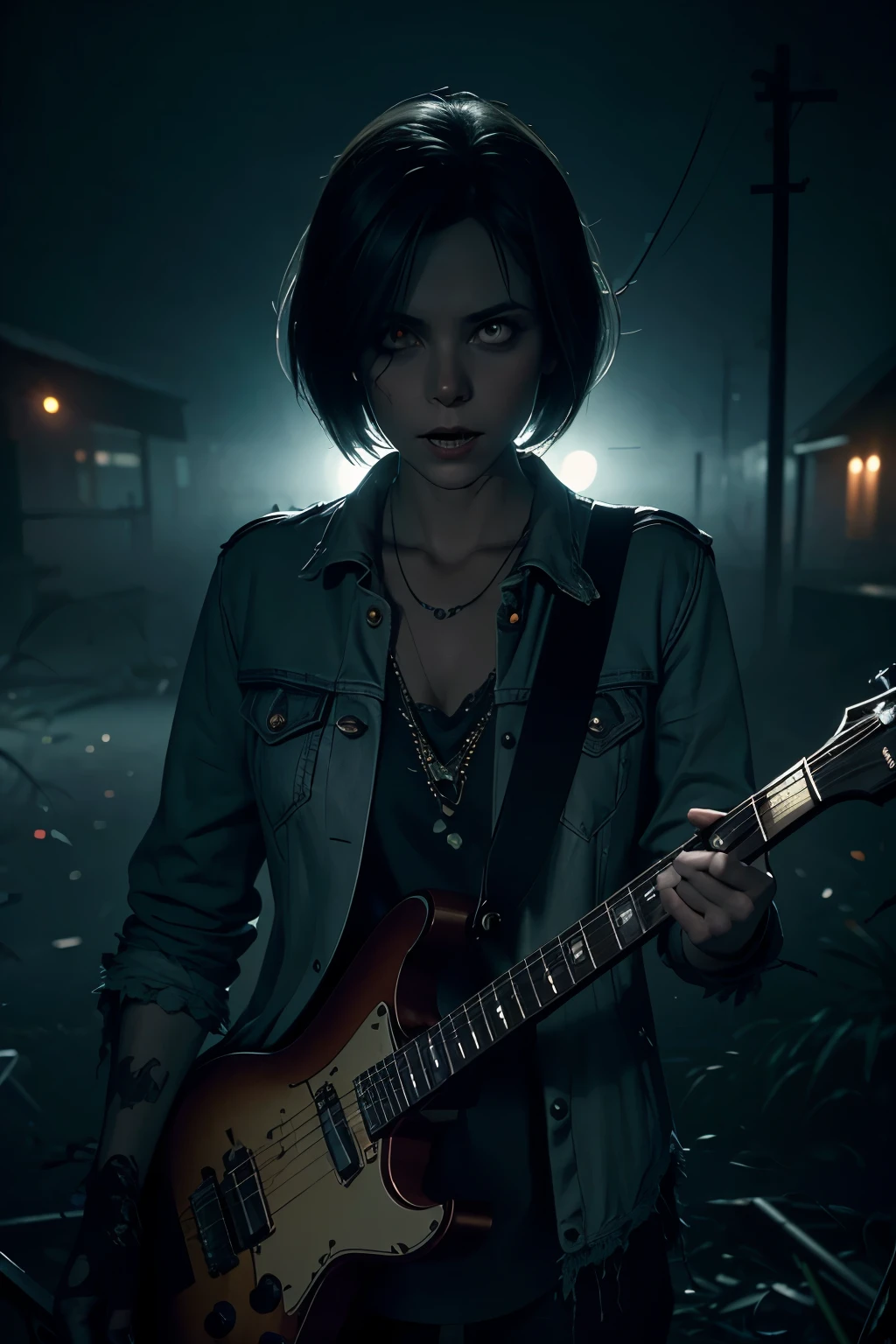 pltn style, a zombie guitarist playing a rotting guitar while surrounded by a misty graveyard, cute big circular reflective eyes, Pixar render, unreal engine cinematic smooth, intricate detail