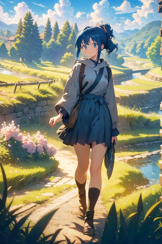 (masterpiece), (high resolution 8K), professional illustration, 1 girl, late teenage, walking, turn around, arched back, thigh focus, dutch angle, bird's eye view, hoody, mini-skirt, , blue hair, smile, looking away, japanese rural landscape, rice paddies, gravel road, night, high contrast, professional lighting, stunning face, symmetrical clear eyes, detailed eyes and face,ponytail