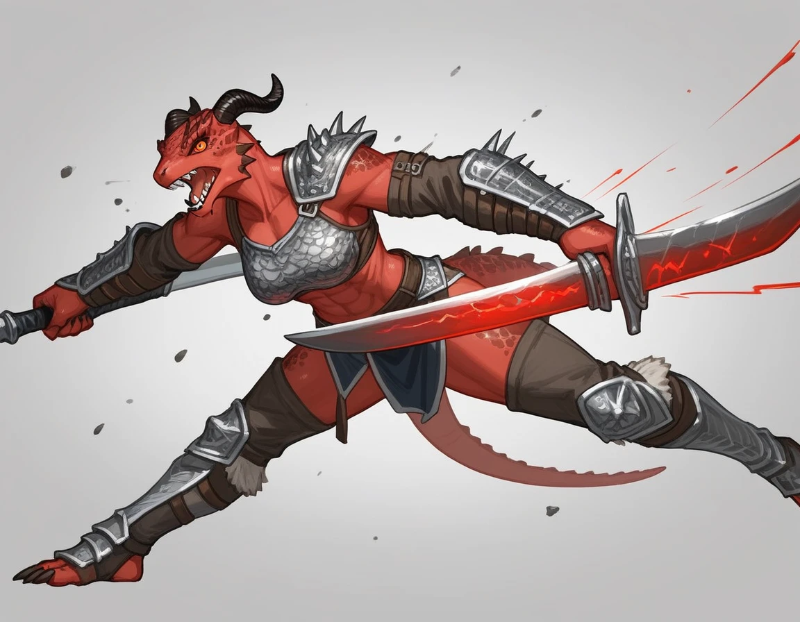 Solo, score_9,score_8_up,score_7_up, kemono style, Anthro Argonian female from skyrim, Anthro reptile girl, snout, red scaled skin, glowing red eyes, black lips, black horns, black ram horns, athletic body, and, wearing metal barbarians armor, barbarian boots, holding a great sword, swinging around a giant sword, simple background, dynamic action effects, screaming, snarling,