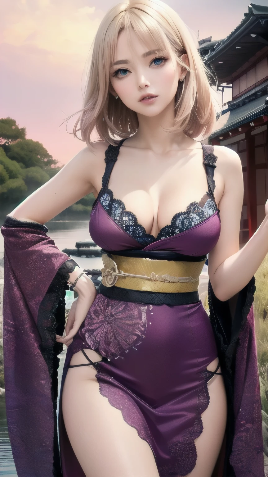 (Hyper Real), ancient shrine maiden, female shaman, giant beauty, safe, high resolution, real short hair, blonde, blonde woman, skin texture details, super high resolution, realistic, plump figure, smile, beautiful expression, small purple hair Airy long blonde hair, divine spirit, very delicate and detailed skin texture, (ancient luxury luxury temple), ancient priestess, cleavage, plunging neckline, big red lips , (luxurious purple croptop and luxurious accessories)