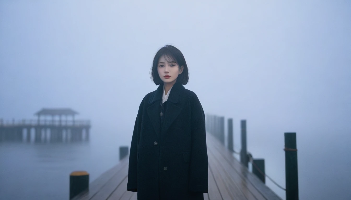 1 36-year-old Korean woman, Short hair, black coat, alone, rain, Fog, cold, boring, , pier, Only, 멀리 Faintly visible 등대, Coast, The dim light shines in the Fog,and the figure stands in the Fog holding ,drizzling, (명암대rain, cinematic lighting, shadow, film grain, anatomically correct, accurate, Awards, 8K) realistic photo,  Full body shot with Canon camera 16-35 wide angle lens, Faintly visible