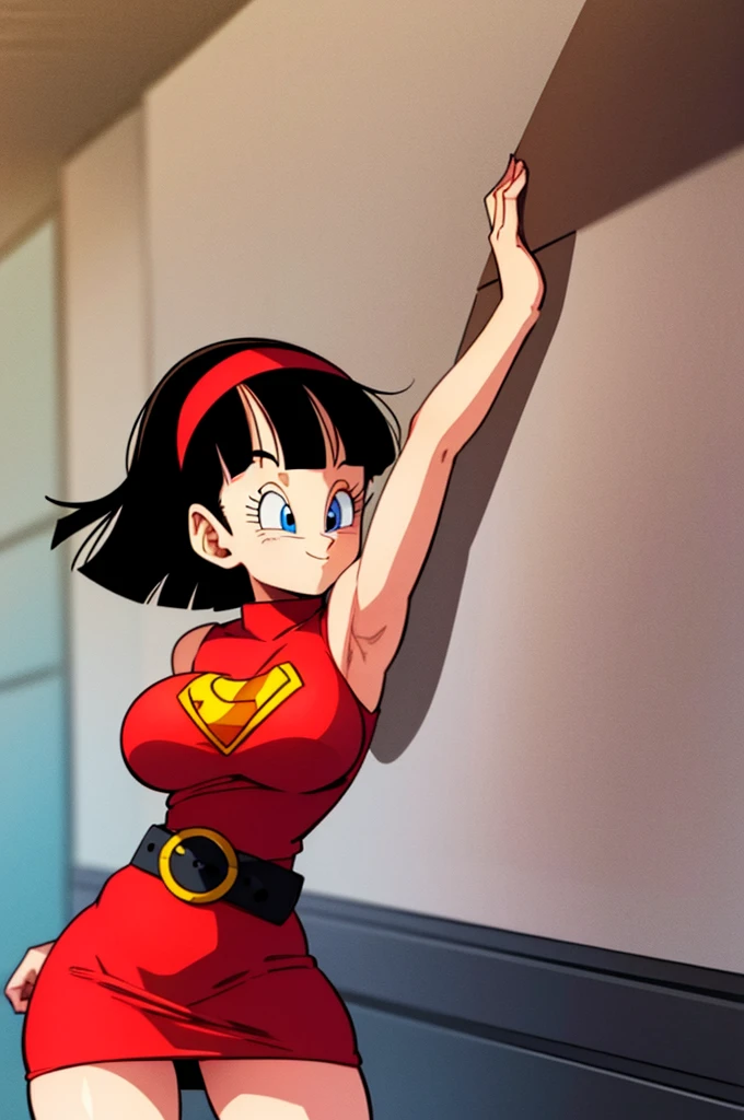 ultra detailed, masterpiece, best quality, solo, soft smile, light smile, Videl, Dragon Ball,
hairband, short hair, red hairband, bangs, sleeveless, dress, jewelry, belt, red dress, braceletblue eyes, colored eyelashes, eyelashes, black hair, , big breast, big ass, white shirt,  confused face expresion, sin imperfecciones, dibujo perfecto,