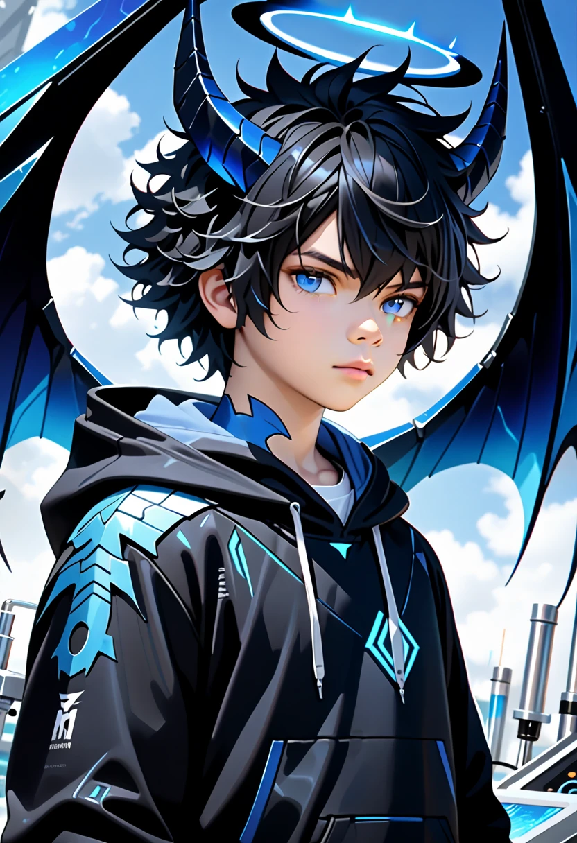 masterpiece, highest quality, highest resolution, clear_image, photo realistic, detailed details, black hair, bangs, scruffy hair, blue demon horn, 1 teen boy, sky blue eyes, black hoodie, Blue futuristic halo, futuristic dragon wings, beautiful, upper body, no water marks, laboratory, no extra limps, no extra body