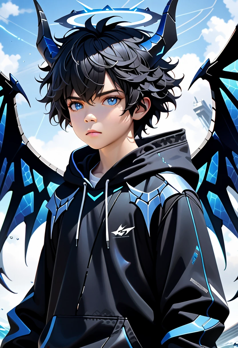 masterpiece, highest quality, highest resolution, clear_image, photo realistic, detailed details, black hair, bangs, scruffy hair, blue demon horn, 1 teen boy, sky blue eyes, black hoodie, Blue futuristic halo, futuristic dragon wings, beautiful, upper body, no water marks, laboratory, no extra limps, no extra body