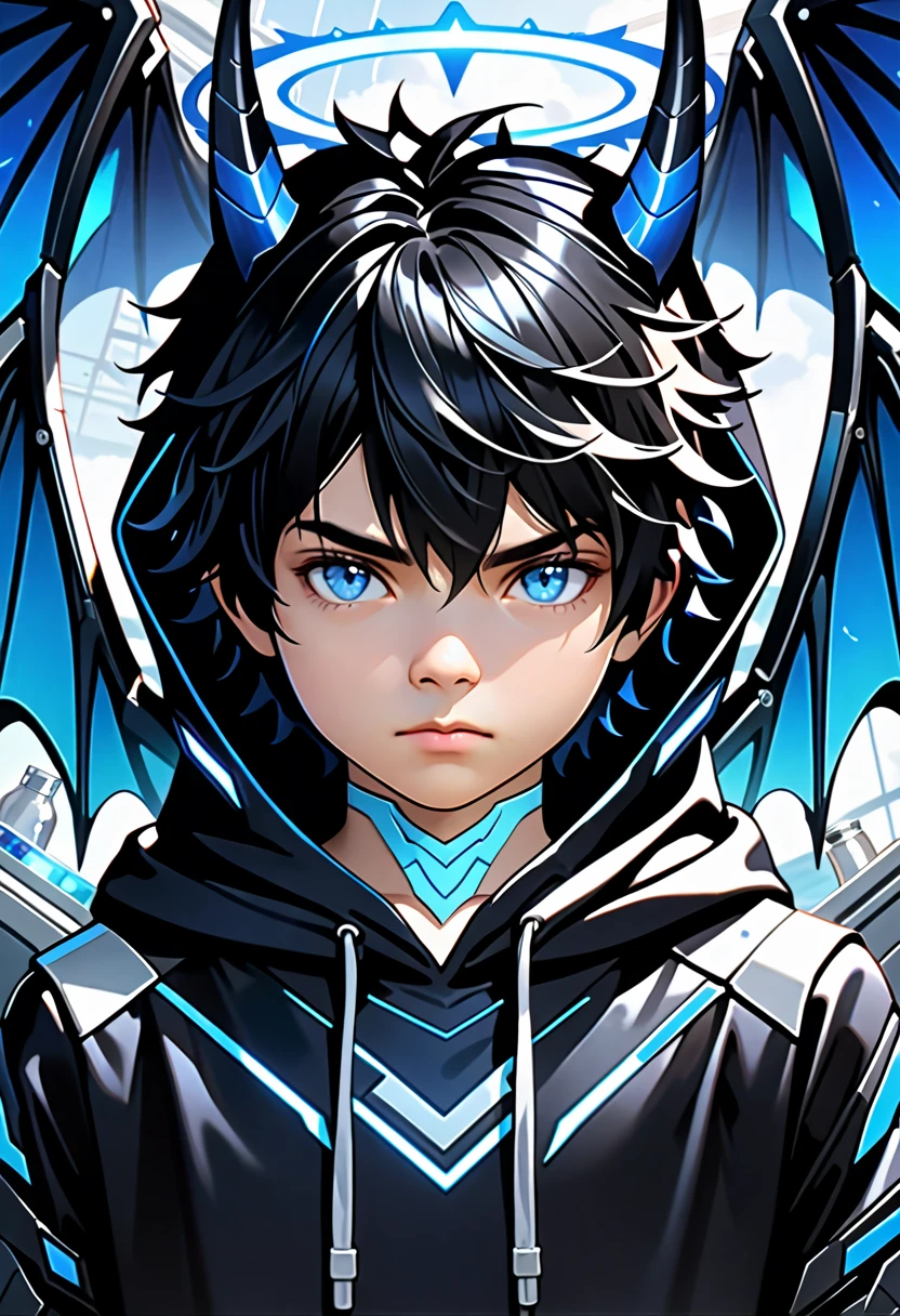 masterpiece, highest quality, highest resolution, clear_image, photo realistic, detailed details, black hair, bangs, scruffy hair, blue demon horn, 1 teen boy, sky blue eyes, black hoodie, Blue futuristic halo, futuristic dragon wings, beautiful, upper body, no water marks, laboratory, no extra limps, no extra body