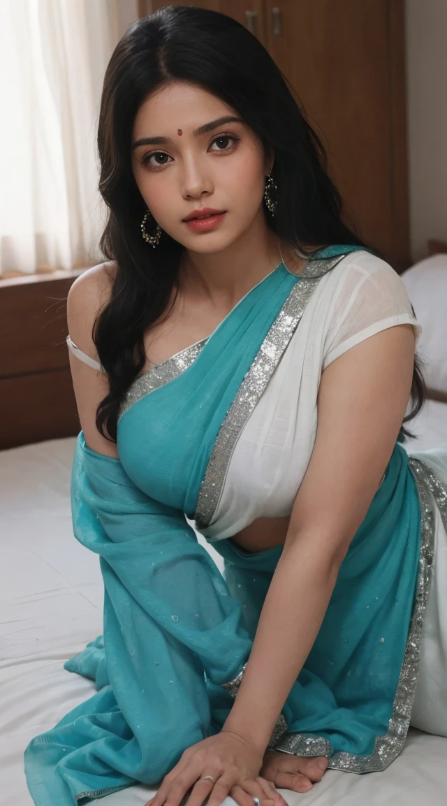 1girl, sexy, 45 years old Indian woman, (mature woman:1.3), middle aged bhabhi, lying down on bed, (freckles:0.2), lying on bed, bedroom, detailed background, indoor, hires, (photorealistic:1.4), wide shot, full body photo, beautiful fluffy saree, thick curvy aunty, highly detailed, hyper realistic, traditional colourful saree, wind blowing, big chest, dusky skin, most beautiful woman, beautiful body, beautiful eyes nose lips, superb lighting, shot from above, shot from some distance, wide angle view