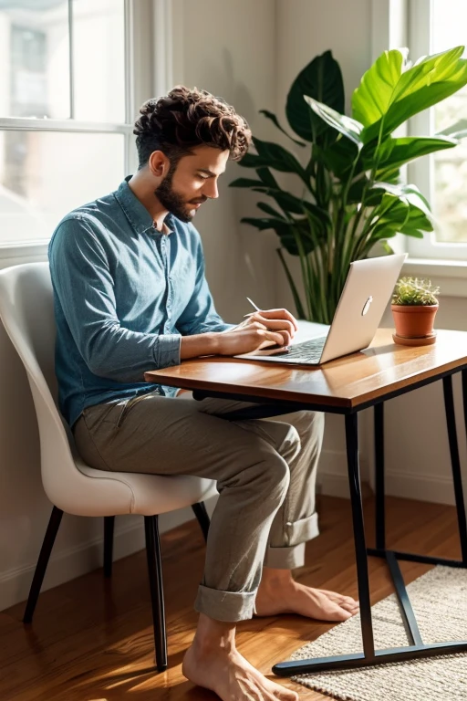 A person sitting at a desk, working on a laptop. The desk has a cup of coffee, some books, and a potted plant. The background is a cozy home office with warm lighting.