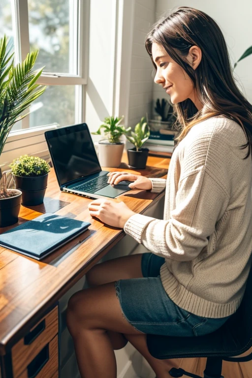 A person sitting at a desk, working on a laptop. The desk has a cup of coffee, some books, and a potted plant. The background is a cozy home office with warm lighting.