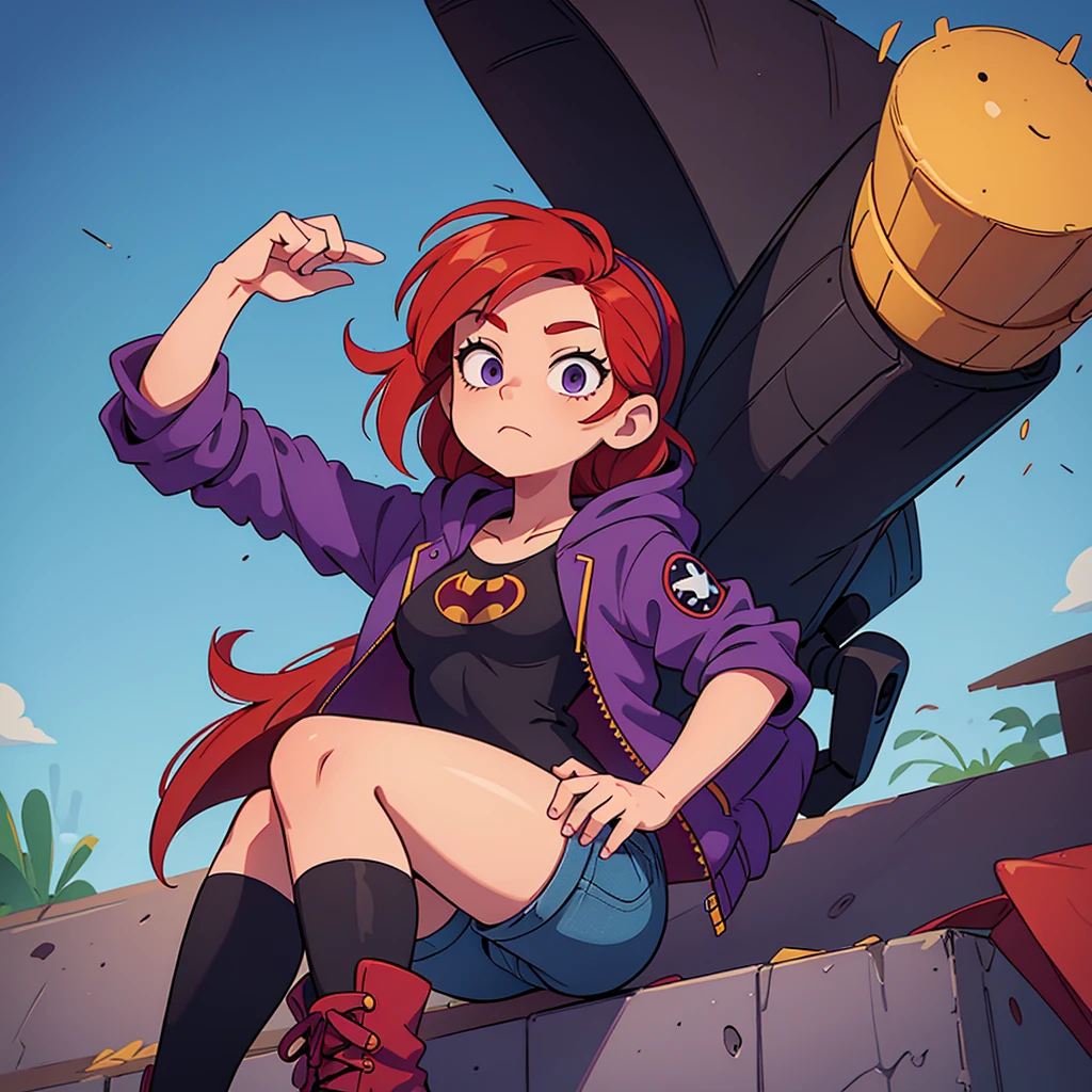 I want you to make an illustration in Disney 2D animation style. The character is a young teenager of approximately 18 years old. She has red hair that reaches below her shoulders and is wearing an open purple jacket with a hood on her head and underneath the jacket she is wearing a black t-shirt with the Batman symbol. She is wearing dark jeans and, on her feet, she is wearing yellow combat boots.