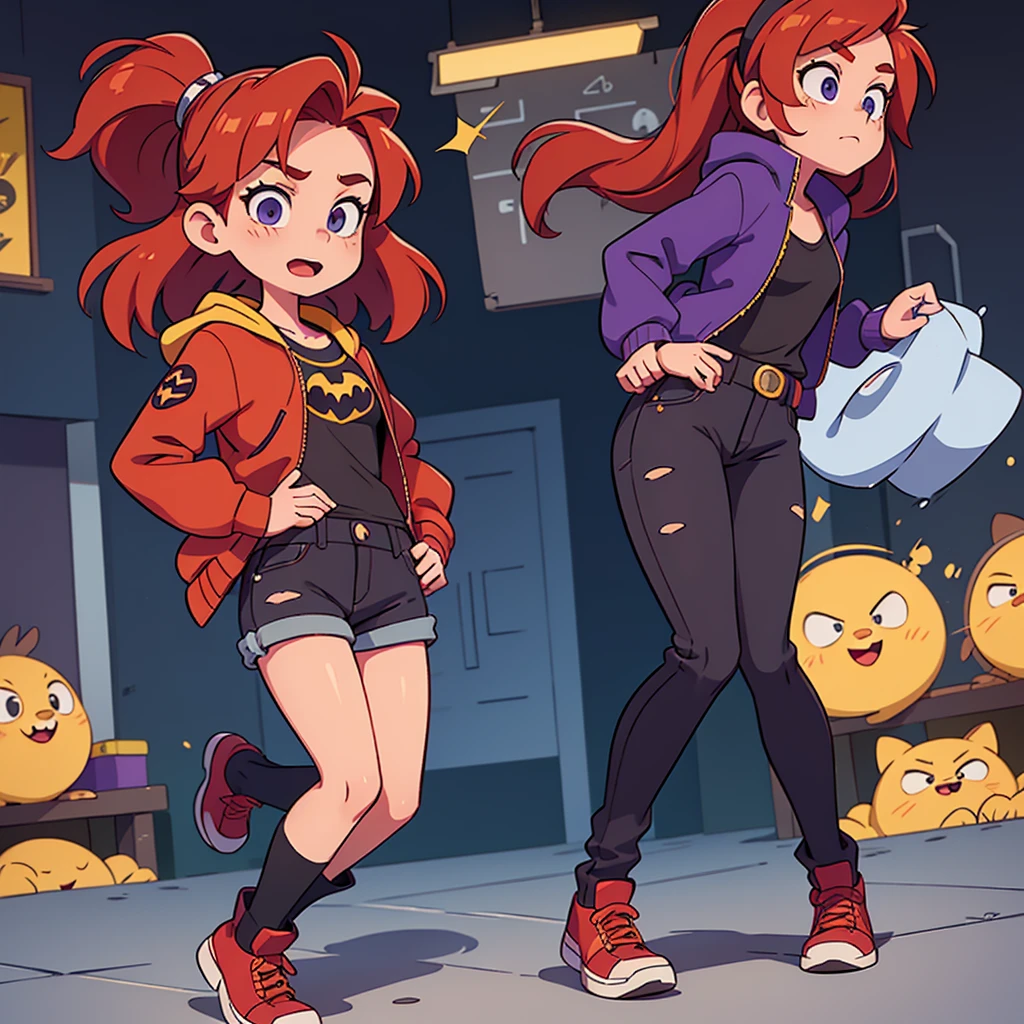 I want you to make an illustration in Disney 2D animation style. The character is a young of approximately 18 years old. She has red hair that reaches below her shoulders and is wearing an open purple jacket with a hood on her head and underneath the jacket she is wearing a black t-shirt with the Batman symbol. She is wearing dark jeans and, on her feet, she is wearing yellow combat boots.
