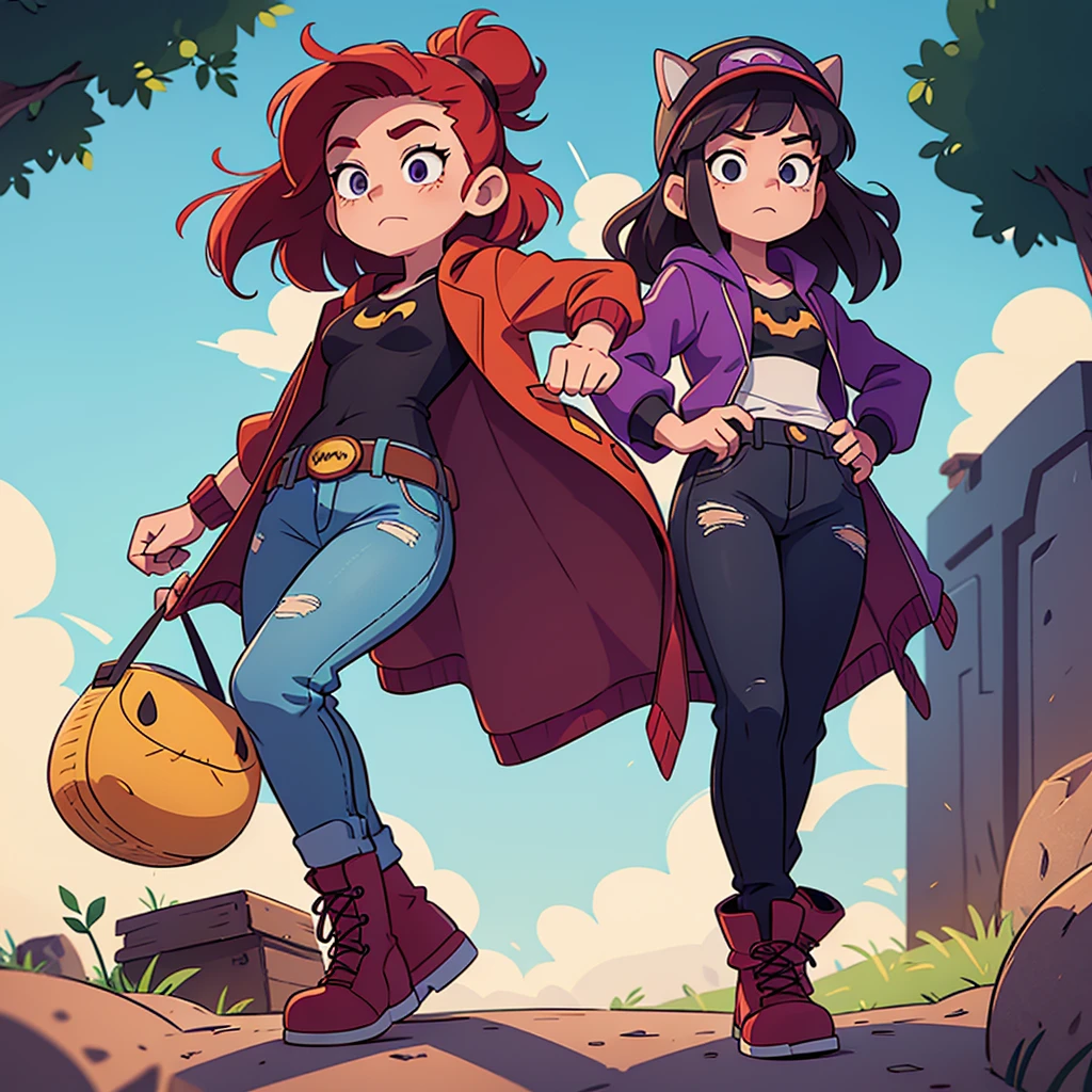 I want you to make an illustration in Disney 2D animation style. The character is a young ager of approximately 18 years old. She has red hair that reaches below her shoulders and is wearing an open purple jacket with a hood on her head and underneath the jacket she is wearing a black t-shirt with the Batman symbol. She is wearing dark jeans and, on her feet, she is wearing yellow combat boots.