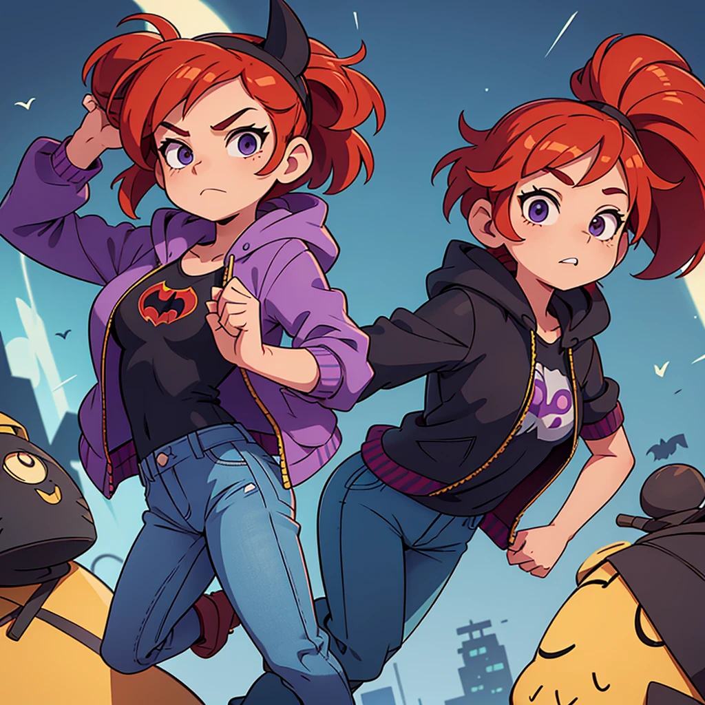 I want you to make an illustration in Disney 2D animation style. The character is a young teenager of approximately 18 years old. She has red hair that reaches below her shoulders and is wearing an open purple jacket with a hood on her head and underneath the jacket she is wearing a black t-shirt with the Batman symbol. She is wearing dark jeans and, on her feet, she is wearing yellow combat boots.