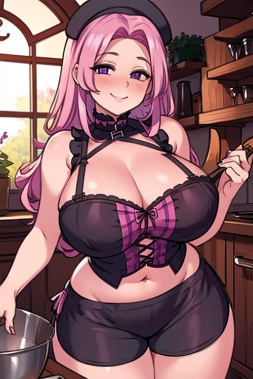 Perfect face. Perfect hands. A pink haired woman with violet eyes with an hourglass figure in a Gothic apron and crop top and shorts is making a pie in a Gothic kitchen with a big smile